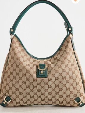 Vintage Gucci Beige Abbey GG Canvas Hobo Bag with Green Leather Trim